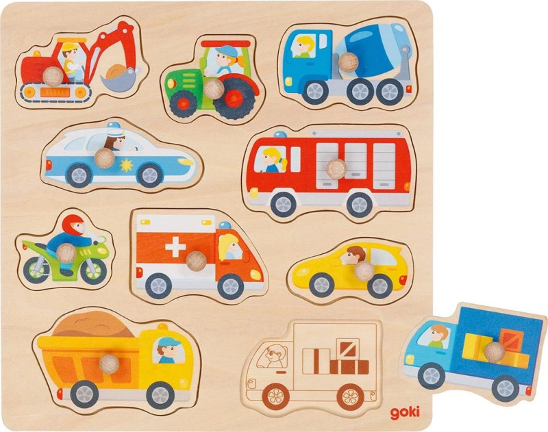 Goki dřevěné puzzle i kostky pro nejmenší Autíčka