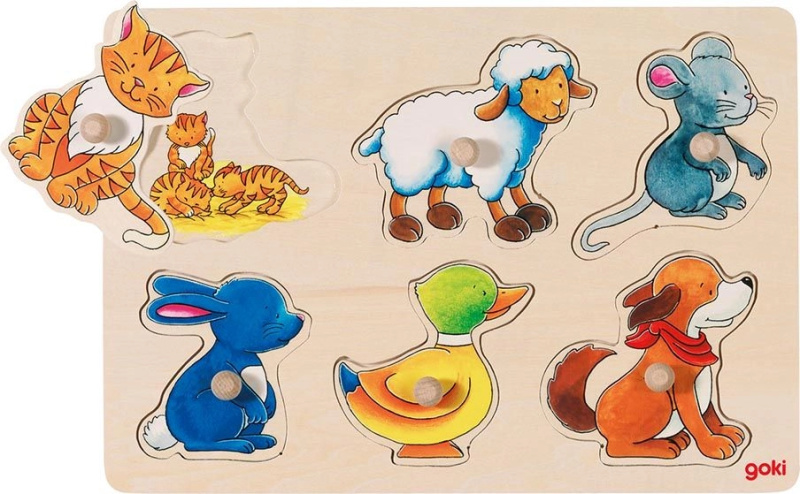 Odkrývací dřevěné puzzle zvířátka - rodiče a děti Montessori