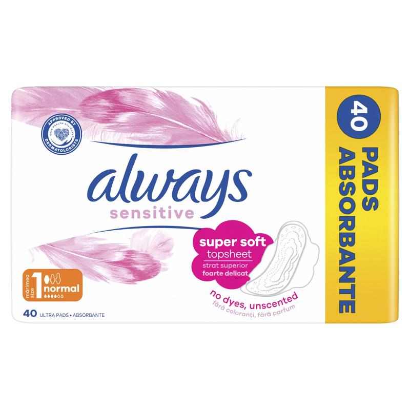 Always Sensitive Normal Plus vložky bez parfemace 40 ks