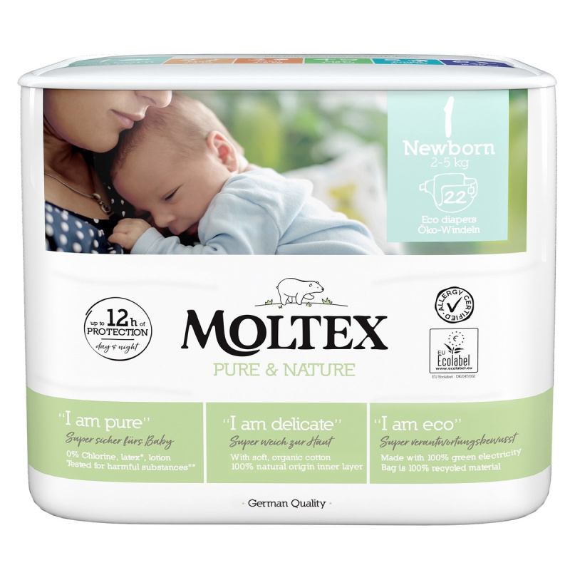 Moltex Pure & Nature EKO Jednorázové dětské plenky newborn 2–5 kg (velikost 1)