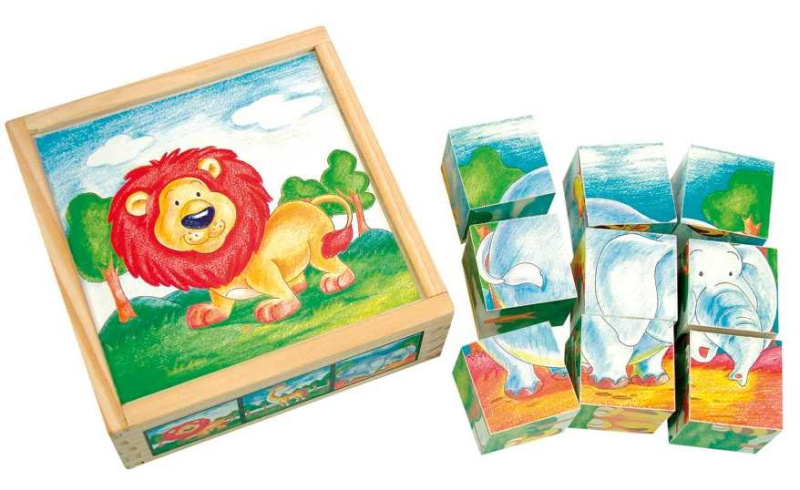 Bino Dřevěné hračky obrázkové  kostky divoká zvířata 9 dílů