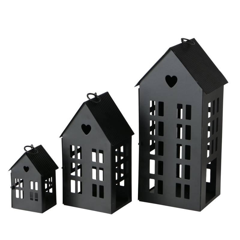 Boltze Home Dekorační lucerna ve tvaru domku, 13 - 35 cm, ALAMO, černá černá