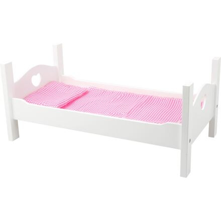 Dřevěná postýlka pro panenky s bílými srdíčky