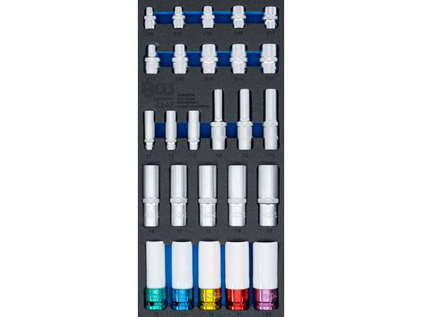 Nástrčné klíče v pěnové výplni, 1/2", 3/8", 1/4", 11 - 22 mm, E10 - E22, 26 ks - B4147