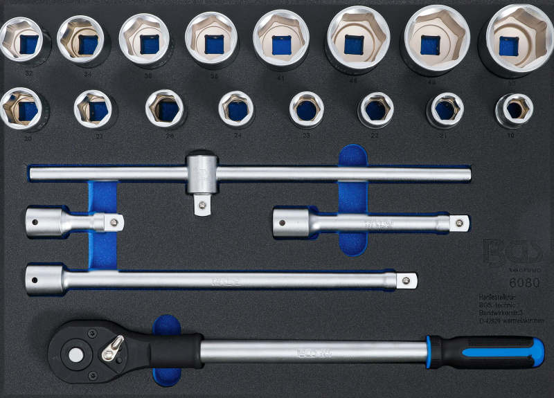 BGS Technic BGS 6080 Vložka do dílenského vozíku 3/3: ráčna + nástrčné hlavice 3/4" 19 ÷ 5
