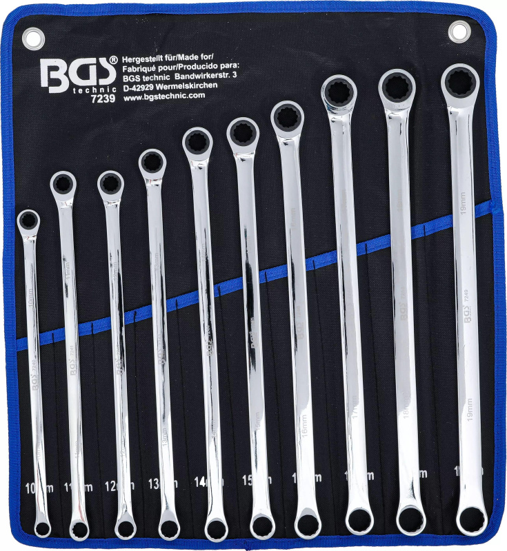 Sada ráčnových očkových dlouhých klíčů, 10 - 19 mm, 10 ks, BGS - B7239