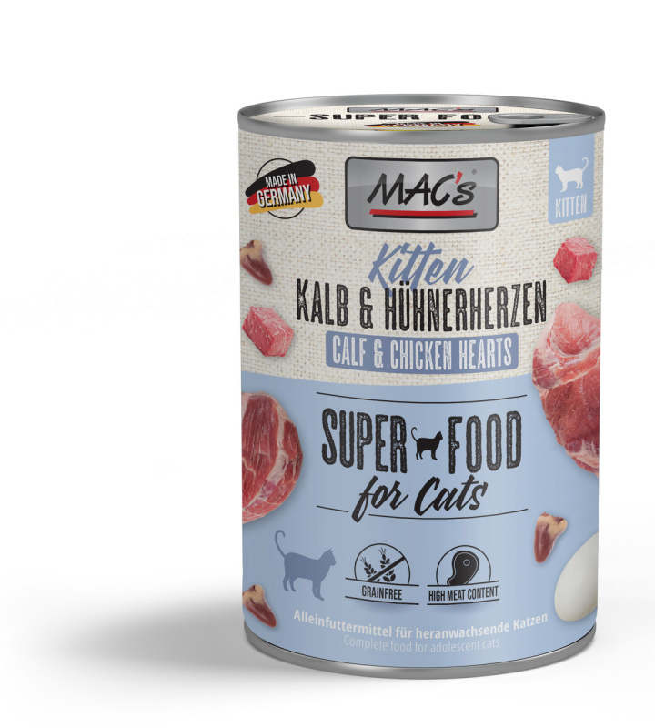 Mac´s Cat Konz. Kitten Telecí/Kuřecí Srdce - 400g