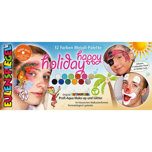 Eulenspiegel Sada 10 barev na obličej + 2 třpytky v kovové paletě Happy holiday