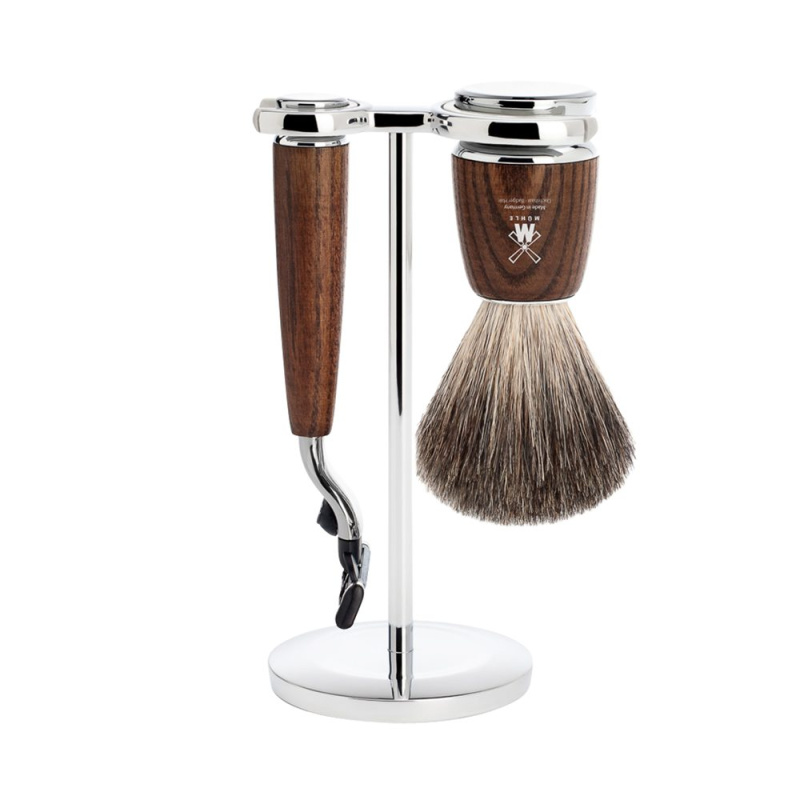 Mühle Sestava na holení RYTMO - stojánek, strojek s Mach 3 hlavicí, štětka pure badger - napařený jasan