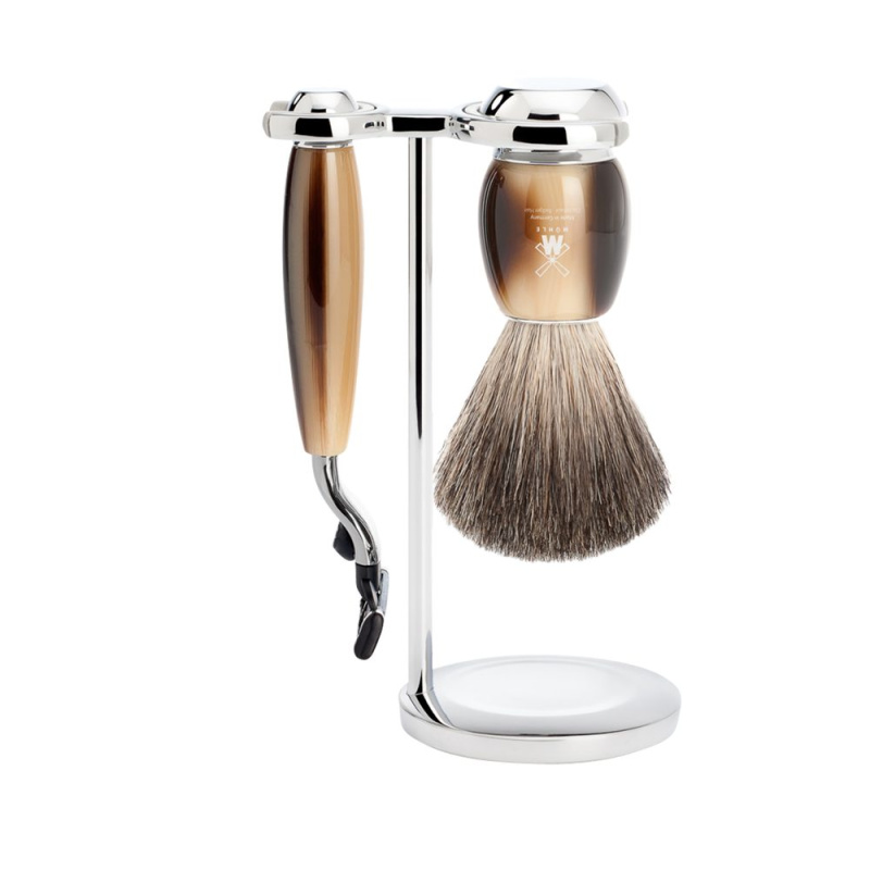 Mühle Sestava na holení VIVO - stojánek, strojek s hlavicí Mach 3, štětka pure badger - imitace rohoviny