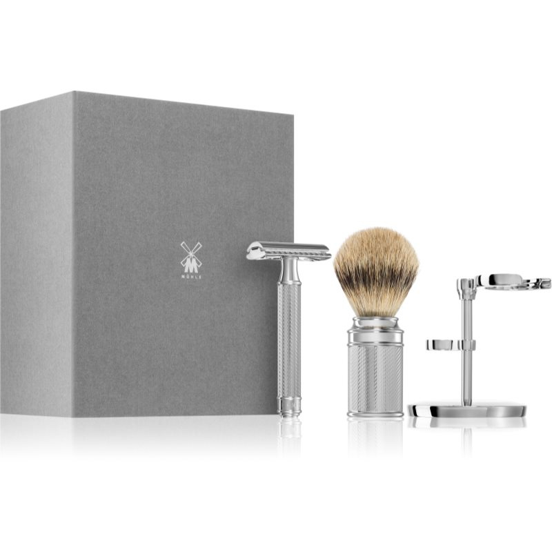 Sestava na holení Mühle Traditional - stojánek, strojek s uzavřenou hlavicí, štětka silvertip badger - chrom
