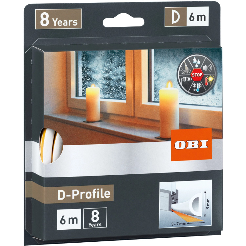 OBI Gumové těsnění oken a dveří D-profil, bílá, 6 m x 9 mm x 8 mm