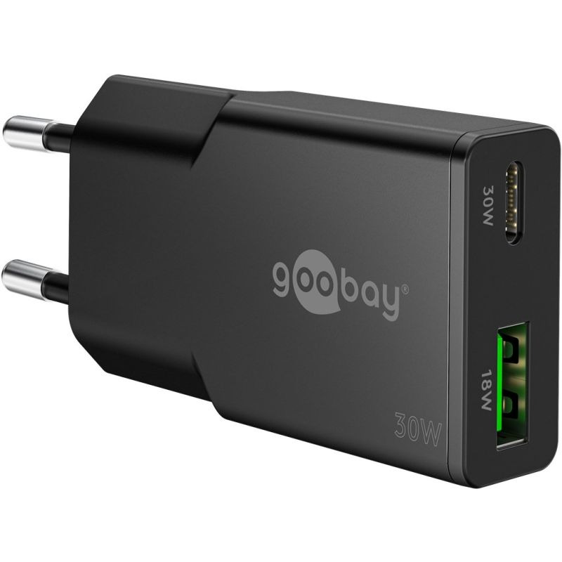 Goobay černý 30W USB-C PD GaN duální rychlonabíječka tenká 1x USB-C port a 1x USB-A port