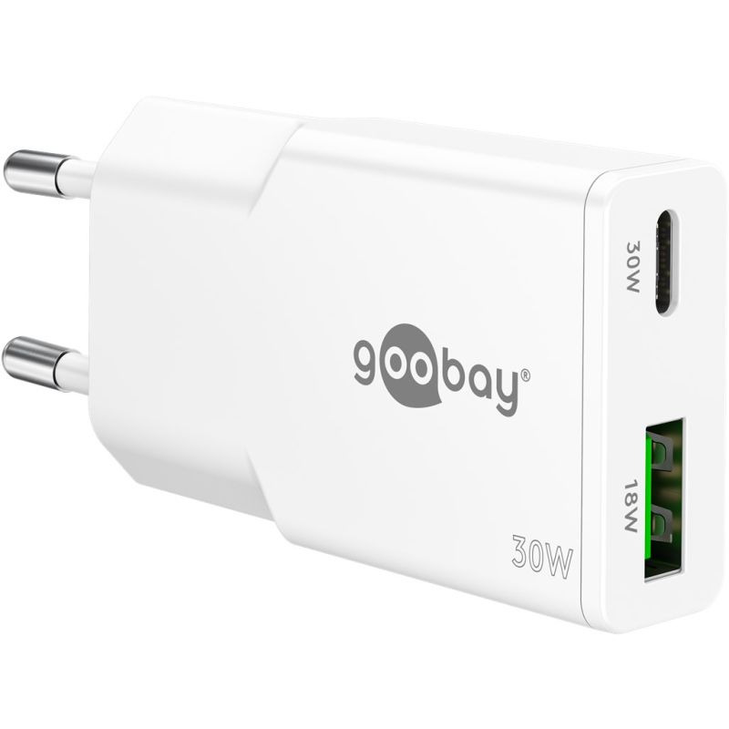 Goobay bílý 30W USB-C PD GaN duální rychlonabíječka tenká 1x USB-C port a 1x USB-A port