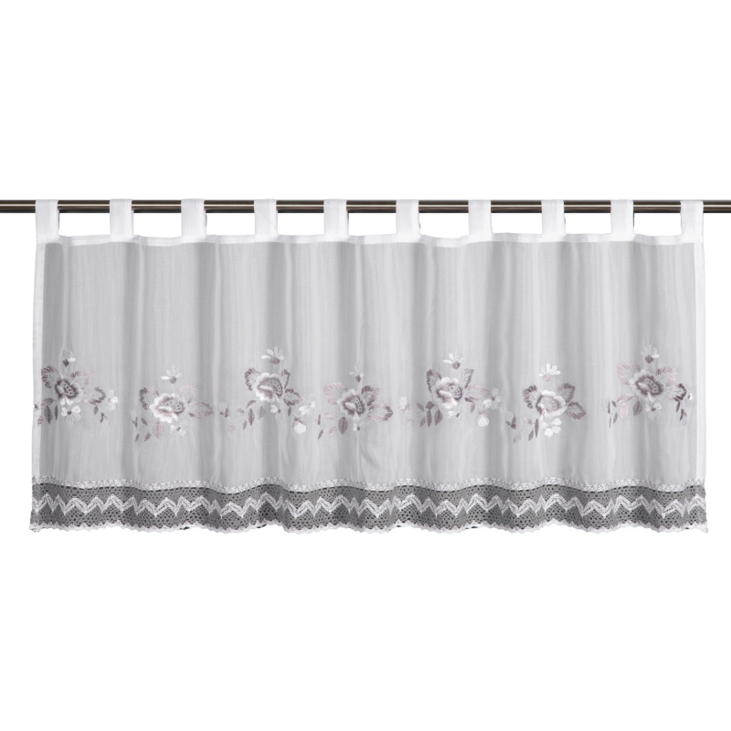 Sehlbach Vitrážová záclona s poutky, květiny, háčk. lem, stříbrná šedá 135x45 cm