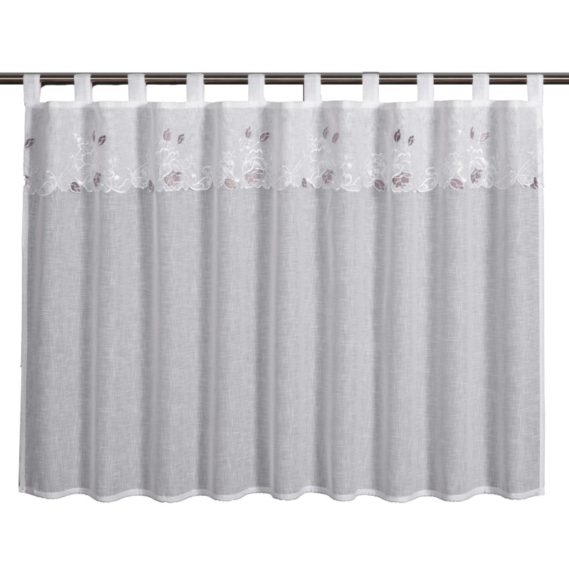 Sehlbach Vitrážová záclona s poutky, výšivka růže, bílá, 135 x 75 cm
