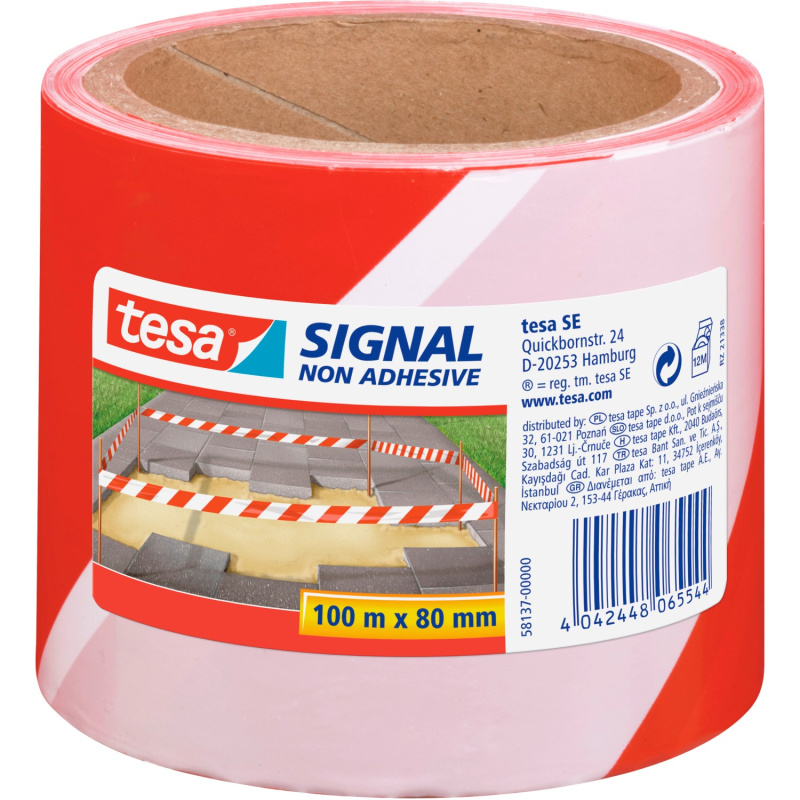 Bariérová páska Tesa - výstražná, nelepicí, červená/bílá