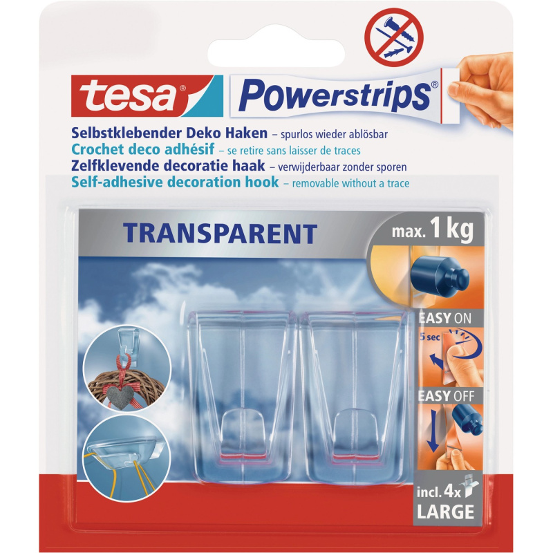 tesa Dekorační lepicí háčky Powerstrips Transparent velké, 2 ks