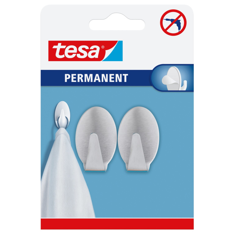 tesa Samolepicí háčky Permanent L oválné, nerezová ocel, 2 ks