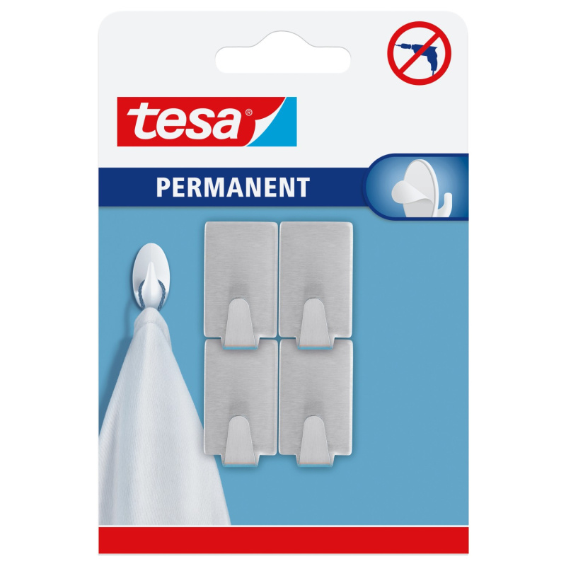 tesa Samolepicí háčky Permanent S obdélníkové, nerezová ocel, 4 ks
