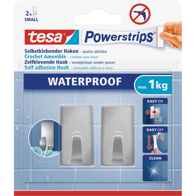 tesa Samolepicí háčky Powerstrips Waterproof malé obdélníkové, nerez. ocel, 2 ks