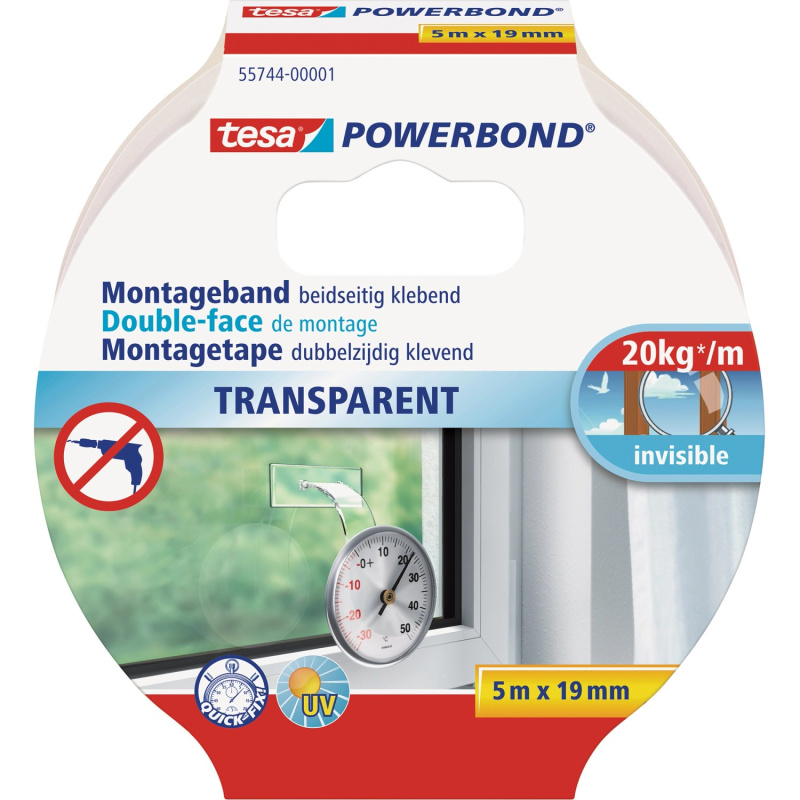tesa Oboustranná montážní páska Powerbond TRANSPARENT, průhledná, 5 m x 19 mm