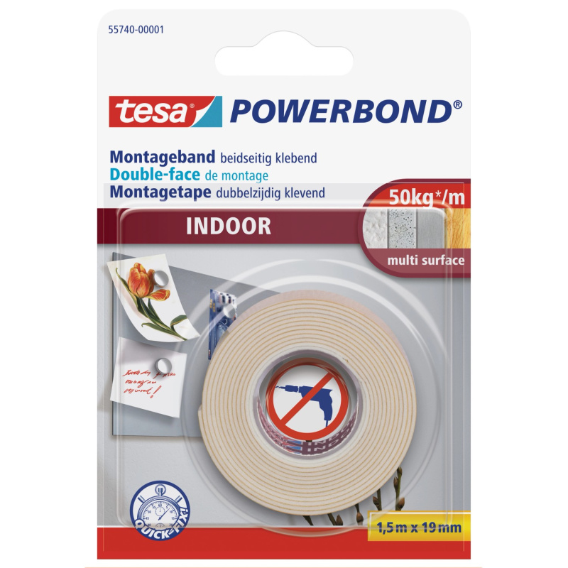 tesa Oboustranná montážní páska Powerbond INDOOR, bílá, 1,5 m x 19 mm