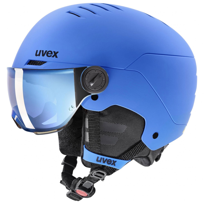Uvex Rocket JR Visor, lyžařská helma s hledím, juniorská, modrá