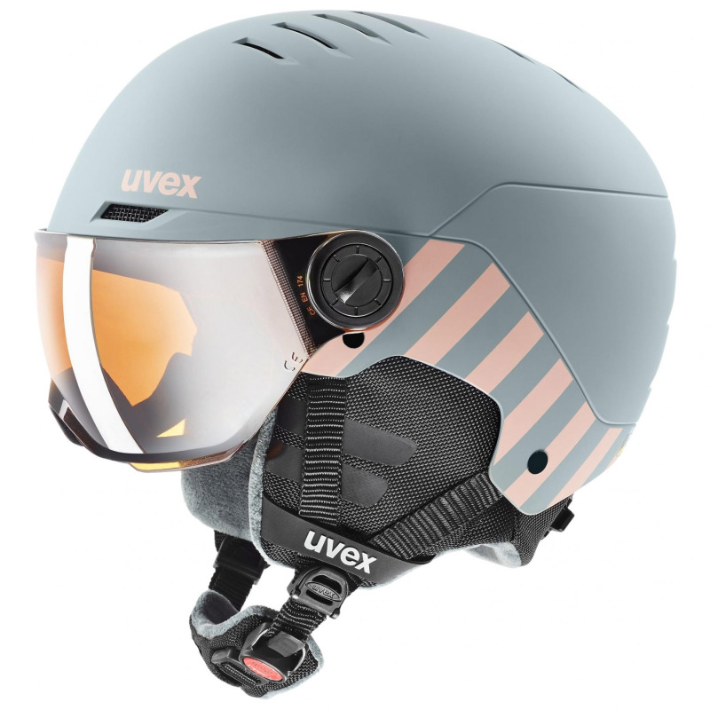 Uvex Rocket JR Visor, lyžařská helma s hledím, juniorská, světle šedá/růžová