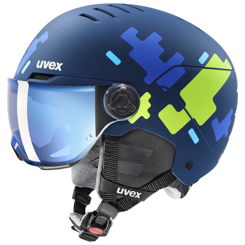 Uvex Rocket JR Visor, lyžařská helma s hledím, juniorská, tmavě modrá