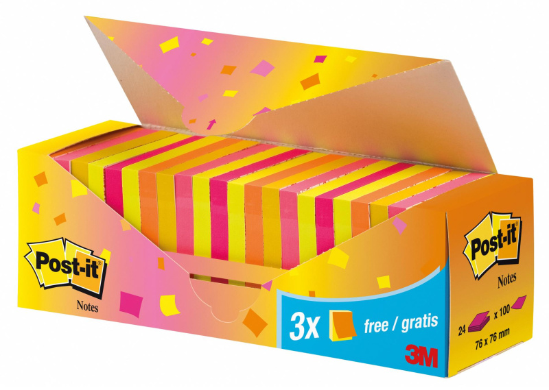 Bločky Post-it - 76x76mm, neonové barvy, 24 ks