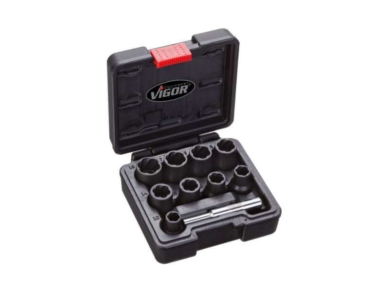 Hlavice 1/2” na poškozené šrouby a matice, velikosti 10-19 mm, sada 10 ks - VIGOR V2404
