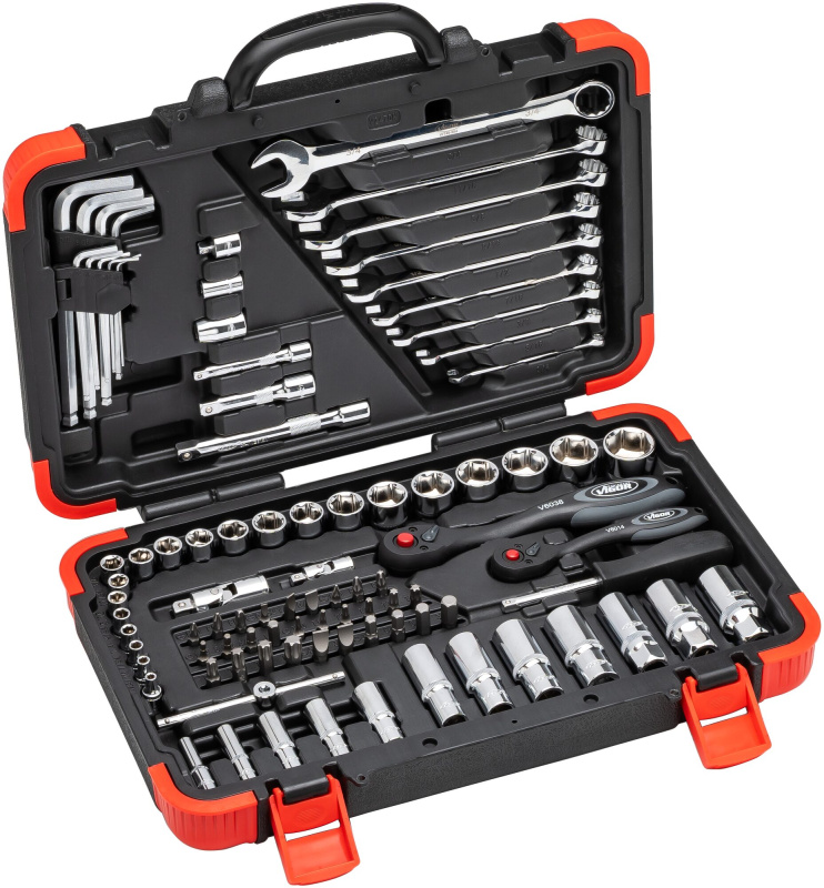 Gola sada palcová, 1/4" a 3/8", 92 ks nářadí, Vigor  - V2470N