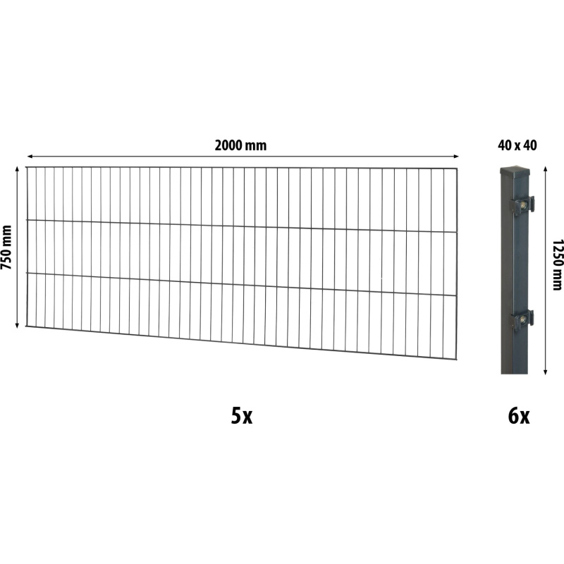 Floraworld Kompletní plotový set 1prut. sl.4x4 zabet., antracit, 75 cm, 10 m
