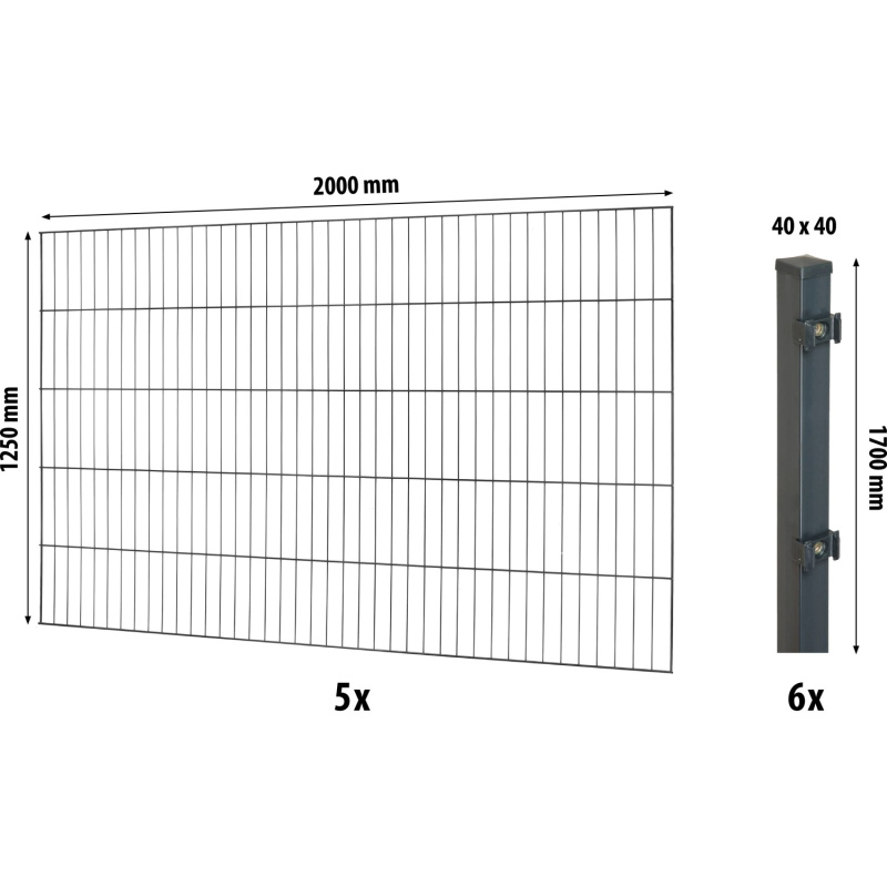 Floraworld Kompletní plotový set 1prut. sl.4x4 zabet., antracit, 125 cm, 10 m
