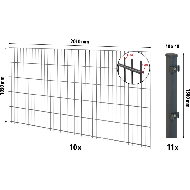 Floraworld Kompletní plotový set 2prut. sl.4x4 zabet., antracit, 103 cm, 20 m