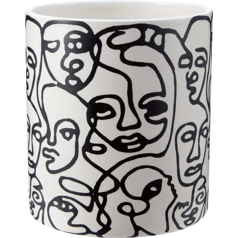 Obal na květináč dolomit, vzor obličeje, bíločerný, pr. 14 cm