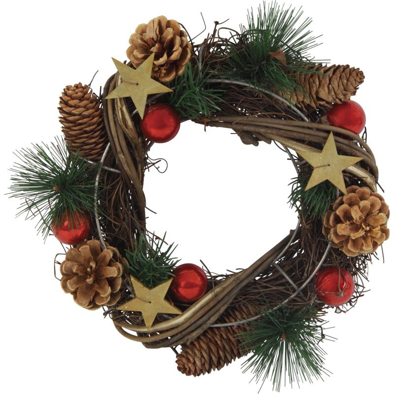 Vánoční dekorace věnec s koulemi, šiškami a jehličím, pr. 25 x 8 cm