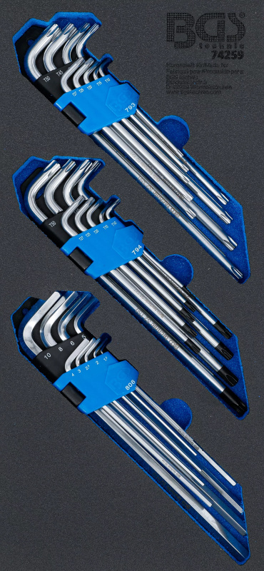 Sada Imbus a Torx klíčů v pěnové výplni, extra dlouhé, 27 ks - BGS 74259