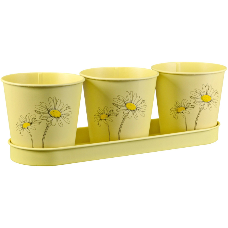 Sada zinkového květináče na bylinky, květinový potisk, žlutá, 4dílná