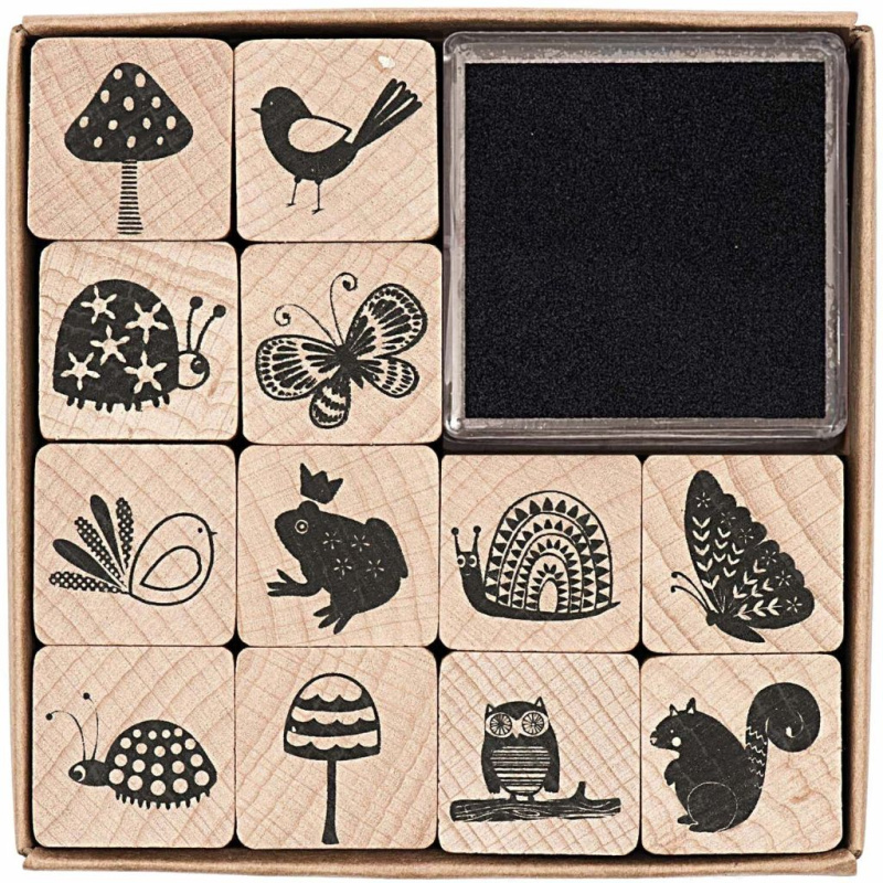 V lese - gumová razítka na dřevě sada (13ks)