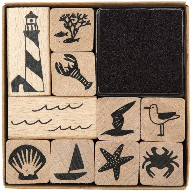 Moře - gumová razítka na dřevě sada (13ks)