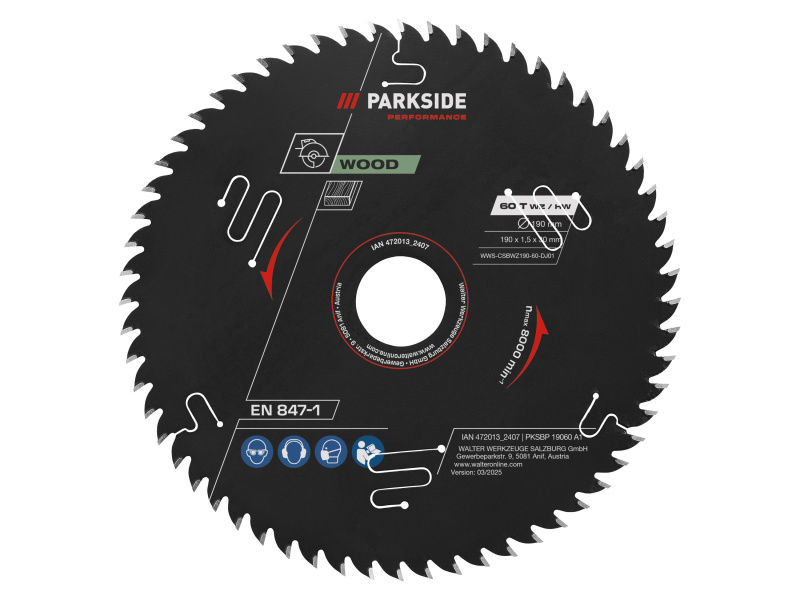Parkside Performance® Pilový kotouč pro ruční okružní pilu, 190 mm (190 mm dřevo 60 zubů)