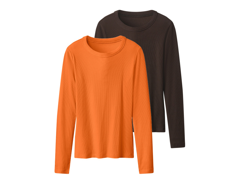esmara® Dámské triko s dlouhými rukávy, 2 kusy (tmavě hnědá / oranžová, XS (32/34))