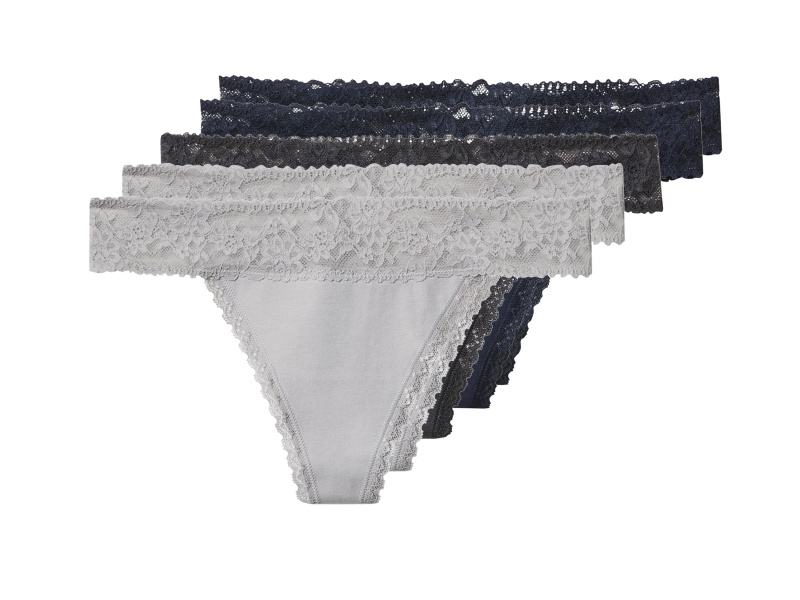 esmara® Dámské kalhotky s krajkou Tanga, 5 kusů (navy modrá / šedá, M (40/42))