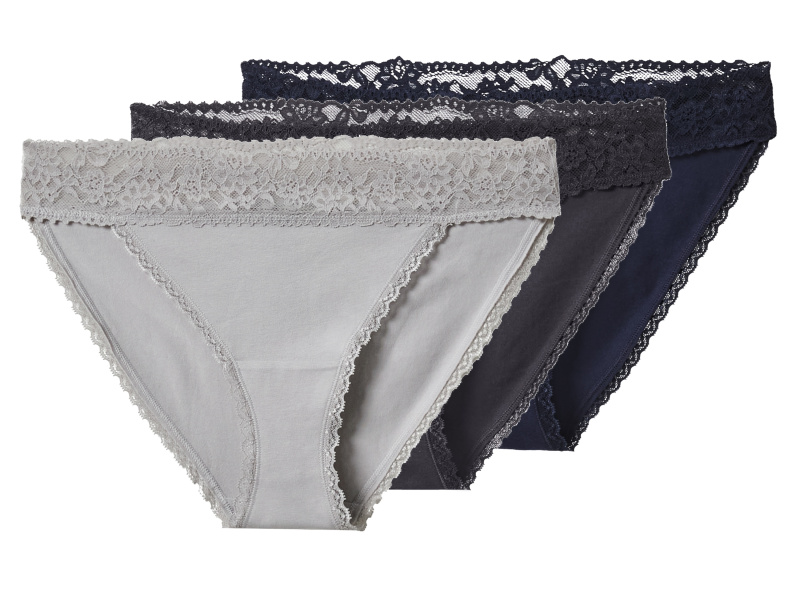 esmara® Dámské kalhotky s krajkou, 3 kusy (navy modrá / tmavě šedá / šedá, M (40/42))