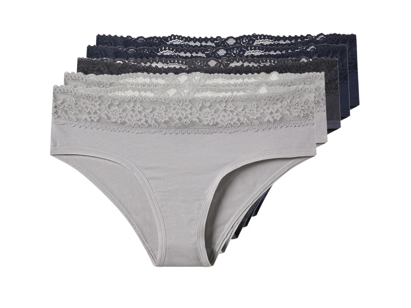 esmara® Dámské kalhotky s krajkou Hipster, 5 kusů (navy modrá / šedá, L (44/46))