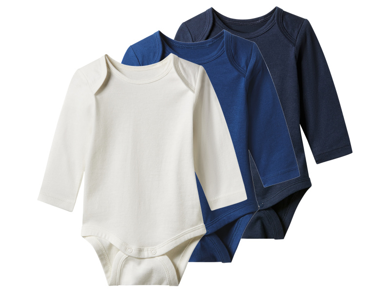 lupilu® Dětské body s dlouhými rukávy, 3 kusy (navy modrá / modrá / bílá, 62/68)