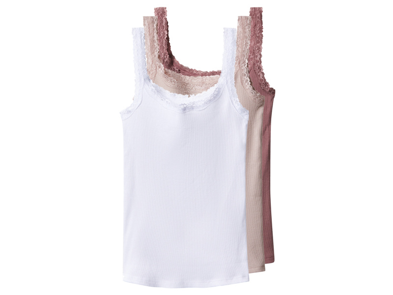 esmara® Dámský vroubkovaný top s krajkou, 3 kusy (růžová / starorůžová / bílá, Xl(48/50))