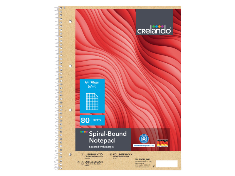 crelando® Spirálový blok čtverečkovaný A4, 80 listů (Klasický barevný poznámkový blok DIN A4)